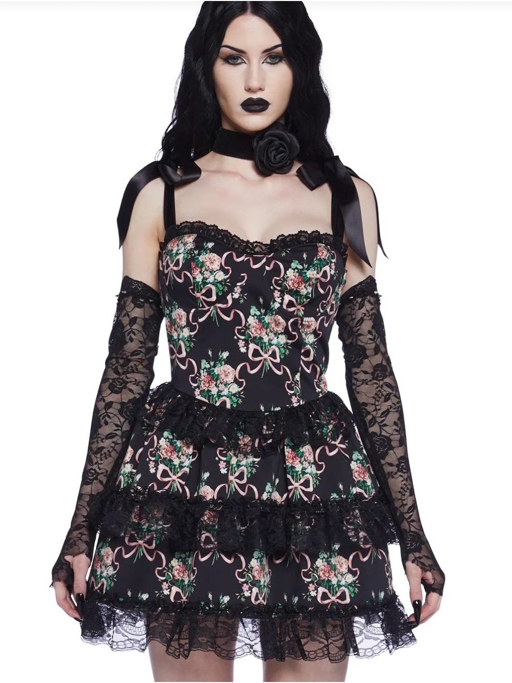 Dolls Kill Bewitched Bloom Floral Lace Mini Dress in Black and Pink Small Tulle